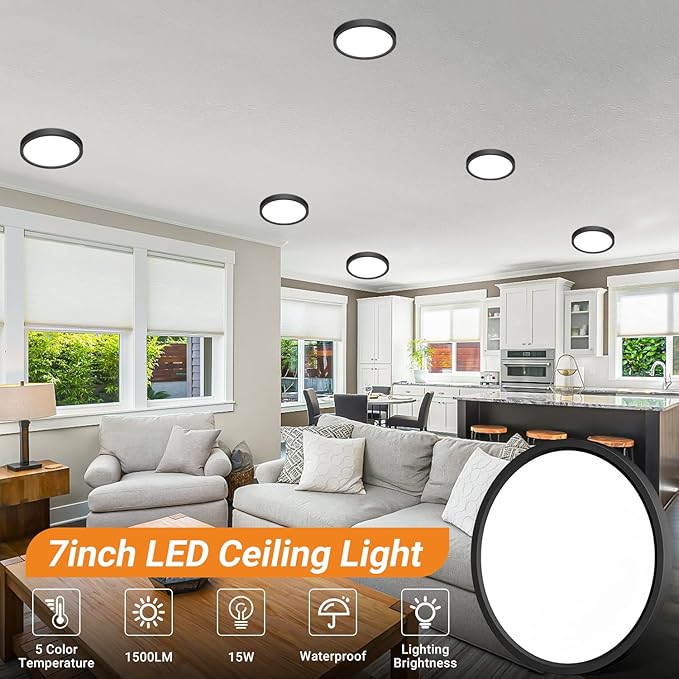 slochi 4Pack LED Flush Mount Ceiling Light Fixture, 7 Inch 15W, 1500LM, Super Slim 0.7 Inch, 3000K-6500K Adjustable Low Profile LED Ceiling Lights for Bathroom, Closet, Hallway(Black)