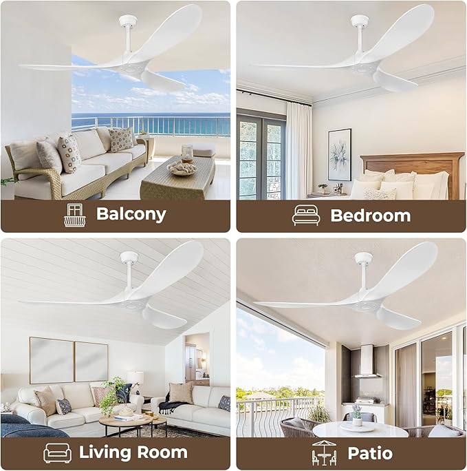 Ceiling Fan Without Lights,Outdoor Ceiling Fan with Remote, 6-Speed Adjustable Reversible DC Motor for Patio & Living Room (White, 52 in)