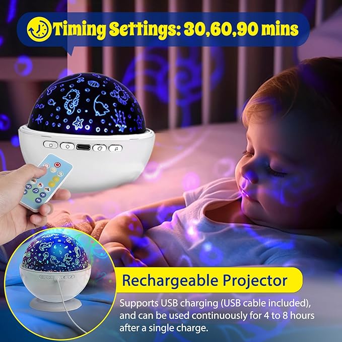 Night Light Projector,Night Light for Kids Room with Remote and Timer,360° Rotation,3 Projection Films,18 Light Modes,8 Lullaby Songs,Kids Night Lamp, Christmas Birthday Gifts for Boys Girls (White)