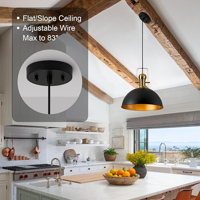 12 Inch Black Farmhouse Pendant Lights Matte Pendant Lights for Kitchen Island Industrial Adjustable Height Vintage Dome Hanging Light Fixtures for Barn, Dining Room 1 Pack