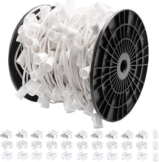 500FT C9 Light String, E17 Socket 12" Spacing, C9 Christmas Stringer Outdoor Black Stringer for Wedding Patio Event Lighting Decor, White Wire