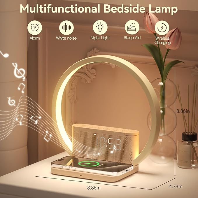 Vivilumens Sunrise Alarm Clock Wireless Charger, 10 White Noise Sound Machine Alarm Clock with 30/60/90 Mins Timer, 3 Levels Touch Night Light Dual Clocks for Heavy Sleeper Bedroom Decor Gifts for Her