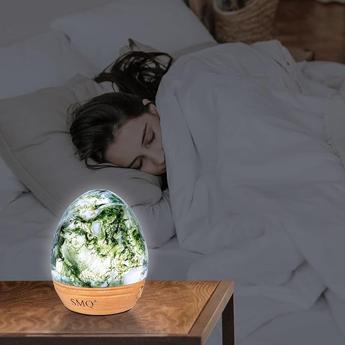 SMQ Moss Agate Crystal Night Light with Rechargeable 2 Colors Touch Control Table Lamp with Wooden Base for Kids Adult Living Room Bedroom(Egg-Shape)