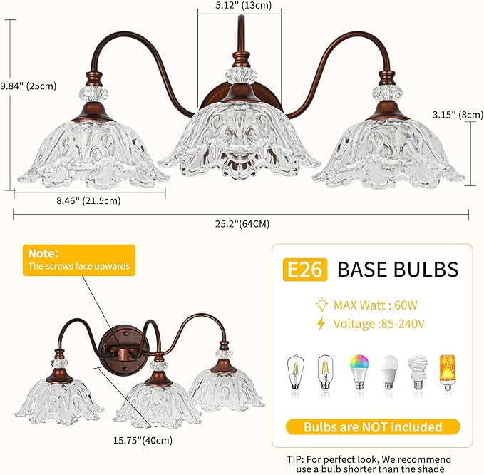 Oil Rubbed Bronze Bathroom Vanity Light, 3-Light Vintage Vanity Light with Floral Clear Glass Shades, Retro Wall Mount Lighting for Bathroom, Dressing Table