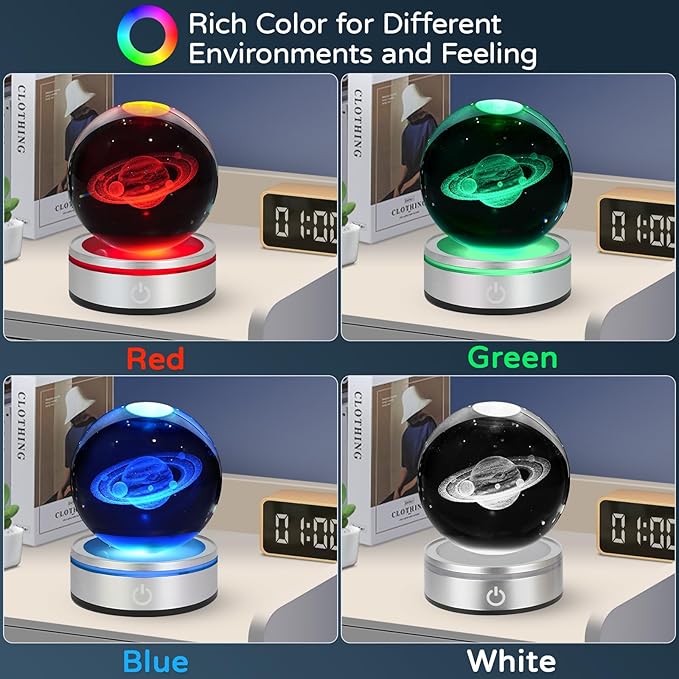 3D Saturn Crystal Ball Night Light with LED Colorful Lighting Touch Base 3.15 In Saturn Planet Glass Sphere Lamp for Birthday Christmas, Astronomy Space Universe Home Decor Gifts for Women Men Kids