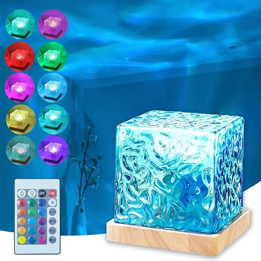 Ocean Lamp Water Light Projector – Ocean Wave Projector Light with 16 Colors & Remote, Cube Water Ripple Lamp Mood Lighting for Bedroom Ceiling, Room Decor Night Light Gift(Wood)