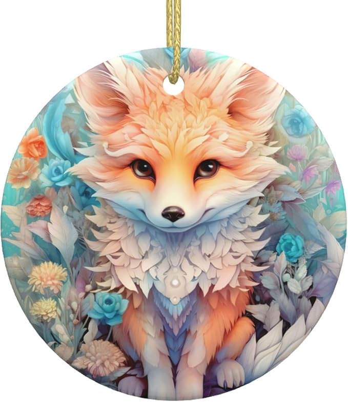 Cute Animal Fox Flowers Christmas Ornaments, Christmas Decorations Xmas Tree Hanging Ornaments, Round Ceramic Festive Keepsake Gift for Christmas Decorations Holiday Home Party Decors