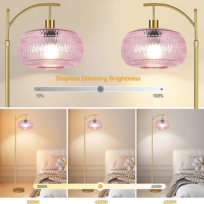 Pink Floor Lamp for Living Room,Bedroom,Gold Dimmable Standing Lamp with Remote,Mid Century Modern Brass Tall Lamp Boho Floor Lamps Arc Stained Glass Flower Floor Light Lamp Girls kids Bohemian