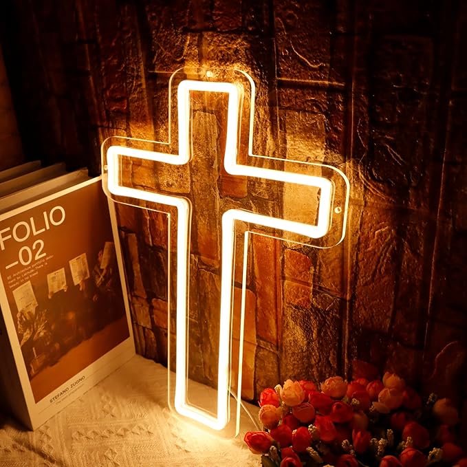 Christ Jesus Cross Neon Sign for Wall Decor USB Powered Dimmable Led Light Up Signs for Bedroom Men Cave Christening Day Baby Shower Decor Xmas Easter Christian Gifts for Religious Kids