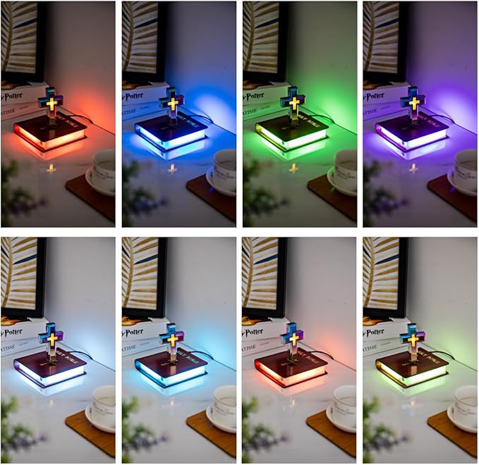 MOOCCI Levitating Cross Lamp Magnetic Floating Bible Night Light Colorful Levitation Cross Ornament with Glowing Base for Home Desk Table Decoration