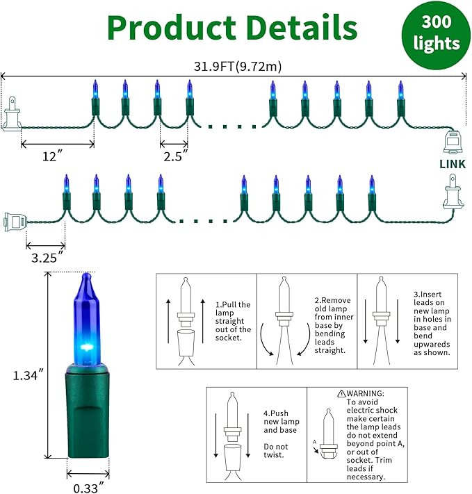 LAMPHOME Blue Christmas Lights Decoration 300Lights 63.8ft(2pk of 150L) UL Certified Mini Bulb String Lights Set Hanukkah Traditional Light for Outdoor Christmas Tree Garden Holiday Party Patio Decor