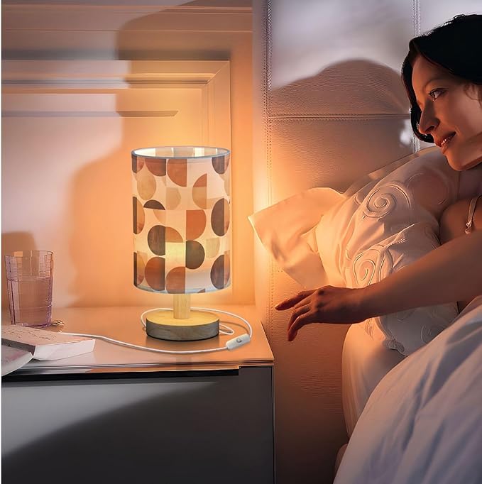 Rust Brown Modern Geometry Art Pattern Bedside Table Lamps with USB Port for Bedroom Lamp Accent Table Lamp Small Nightstand Lamp Sturdy Linen Shade Wooden Base Decorative Lamps for Kids|Dorm|Home