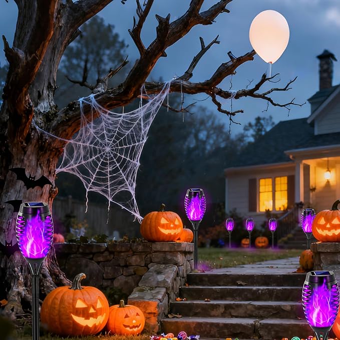 Swingers Solar Lights Outdoor,Halloween Solar Torch Lights with Flickering Flame,Waterproof Outdoor Garden Lights for Outside Patio Pathway Yard Decorations(8, Purple)