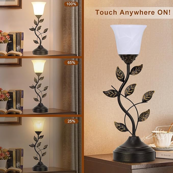Bedside Lamps Set of 2, 20 Inch Retro Style Table Lamp for Bedroom Touch Control 3-Way Dimmable with USB C+A Charging Ports, Torchiere Lamps for Night Stands Metal Leaf and Glass Shade, Bulbs Included