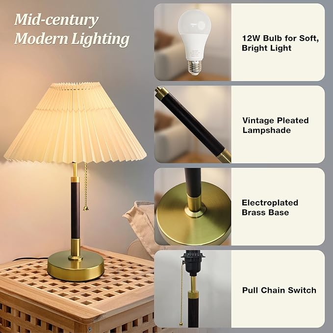 QUIGO Bedside Table Lamp for Bedroom Living Room-3 Color Temperature,Bedside Lamps for Nightstand with Linen Lampshade, Solid Wood & Brass,Modern End Table Lamp,Led Side Table Desk Lamp Vintage BW01T