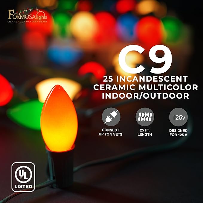 C9 26ft Indoor/Outdoor Ceramic Multicolor Incandescent Christmas String Lights with 25 Bulbs and E17 Base | 120V, 7W