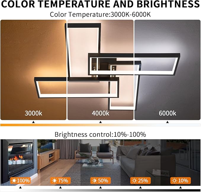 Modern LED Ceiling Lights for Bedroom 26" Dimmable Square Ceiling Lights for Living Room with Remote Control Black Bedroom Light Fixture for Kitchen,Bathroom,Balcony