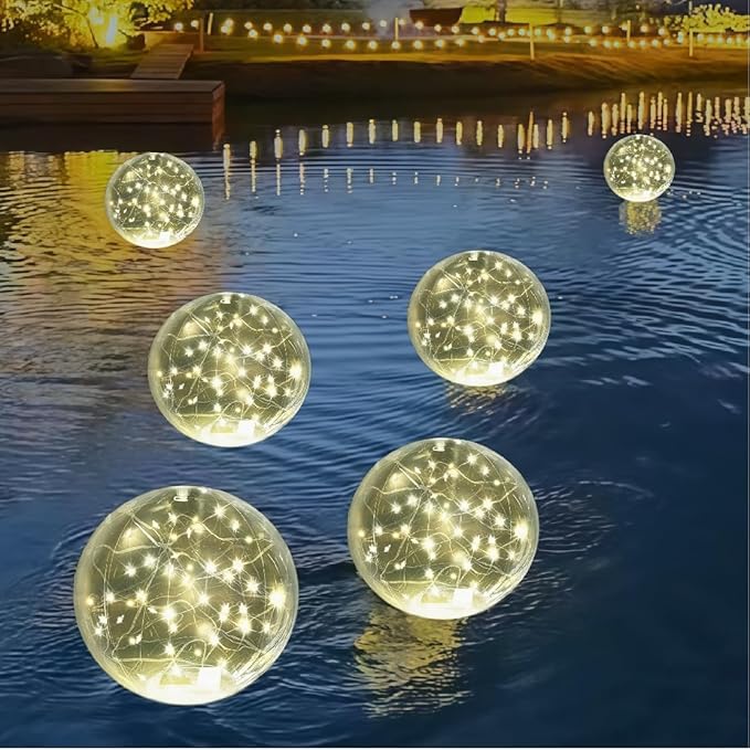 Floating Pool Lights Solar Powered - 14" Inflatable Waterproof Floating Pool Balls Light That Float for Party, Outdoor Pond/Patio Decorations (Warm-White, 6 Pack)