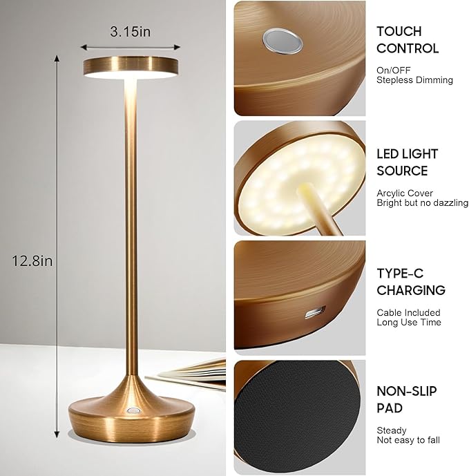 Cordless Table Lamp Rechargeable - 6000mAh LED Battery Operated Table Light - Portable Touch Dimmable Outdoor Waterproof Table Lamps for Patio Restaurant Dining (2 Bronze)