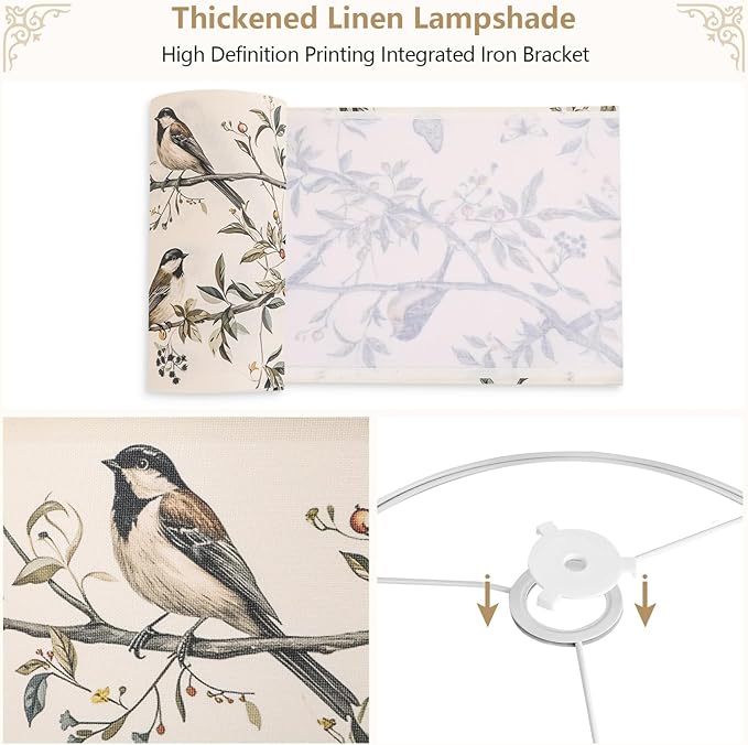Fabric Linen Lamp Shade, Bird and Branch Pattern Lampshade, Unique Lamp Shades for Floor Lamps fit with Spider/Uno, 13x13x10inch Drum Lampshades for Table Lamp/Pendant (1Pack/Easy Assemble)