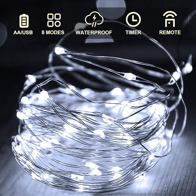 Aogist 2-Pack 50LED Fairy Lights 16ft Dual Power(USB/Battery) with Remote & Timer, 8 Modes Flexible Copper Wire Waterproof String Lights for Outdoor Christmas Wedding Bedroom Party Decor,White