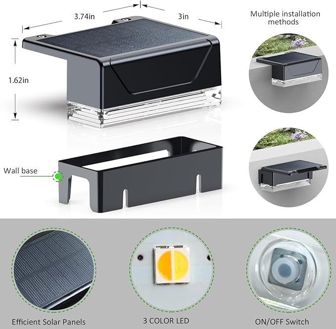 2PK Solar Fence Lights Outdoor - 3000/4000/6000K 3 Mode, IP65 Waterproof Fence Lights Solar Powered, Dusk to Dawn Solar Light for Outside, Backyard/Step/Patio/Deck/Stair Railings and Wall