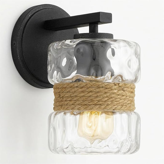 Kira Home Sage 9.5" Modern Wall Sconce + Hammered Glass Shade, Textured Black Finish