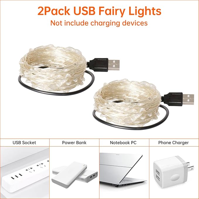 Blingstar USB Powered Fairy Lights, 2 Pack 33Ft 100 LED, Flexible Silver Wire, Mini String Lights for Halloween/Christmas Tree/Stage/Party/Holiday Indoor Decoration, Orange