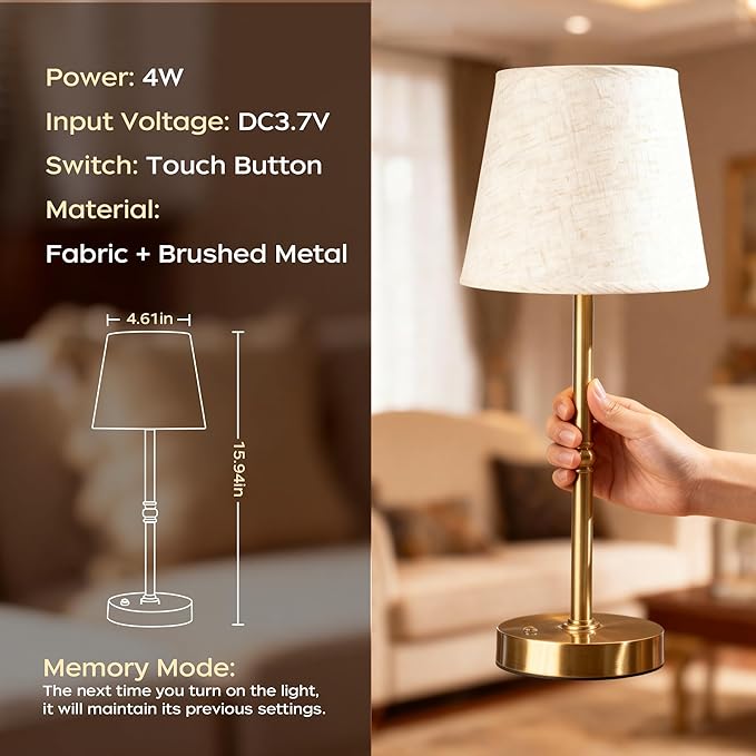 Cordless Table Lamp Rechargeable, LED Table Lamps with Touch Control, Stepless Dimmable Bedside Lamp, 6000mAh Battery Operated USB-C Lamp for Bedroom, Dining, Patio, Small Fabric Lamp Gold 2PCS