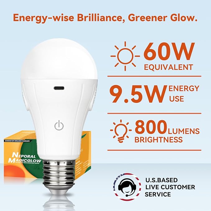 Neporal E26 Rechargeable Light Bulb with Remote Timer and Memory Mode, Touch Control Dimmable Battery Operated Bulb for Non-Hardwired Fixture, Wall Sconce, Lamp, USB Rechargeable, A19