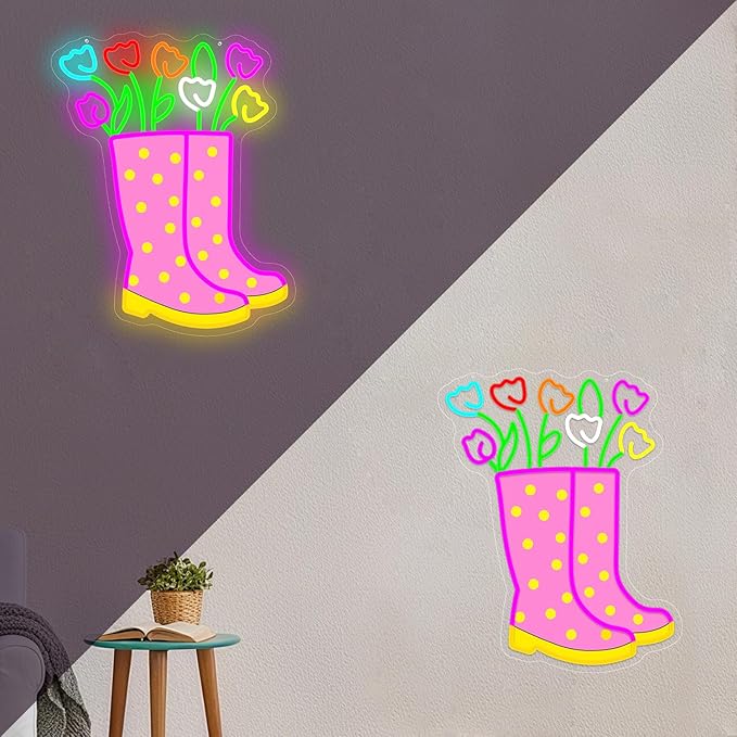 Spring Tulips Rain Boots Neon Sign Dimmable Flower Neon Lights Polka Dot Boot Tulip Light Up Sign Easter Led Wall Art Spring Decorations for Office Home Garden