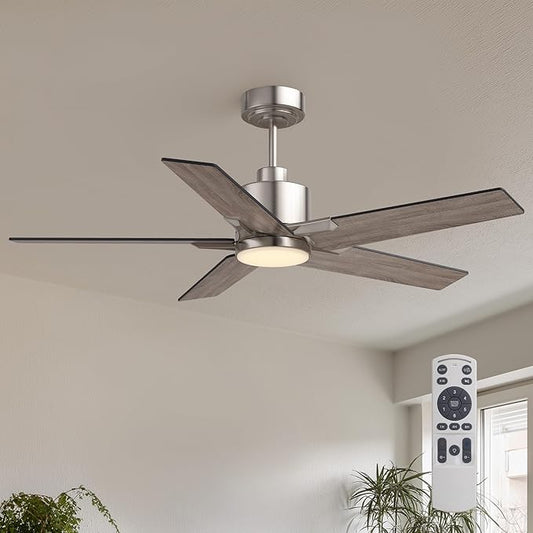 46 Inch Ceiling Fans with Lights and Remote Control for Bedroom, Modern Nickel Ceiling Fan with Quiet Reversible DC Motor, 3CCT, Dimmable, LED Lighting for Living Room, Patio, Indoor and Outdoor