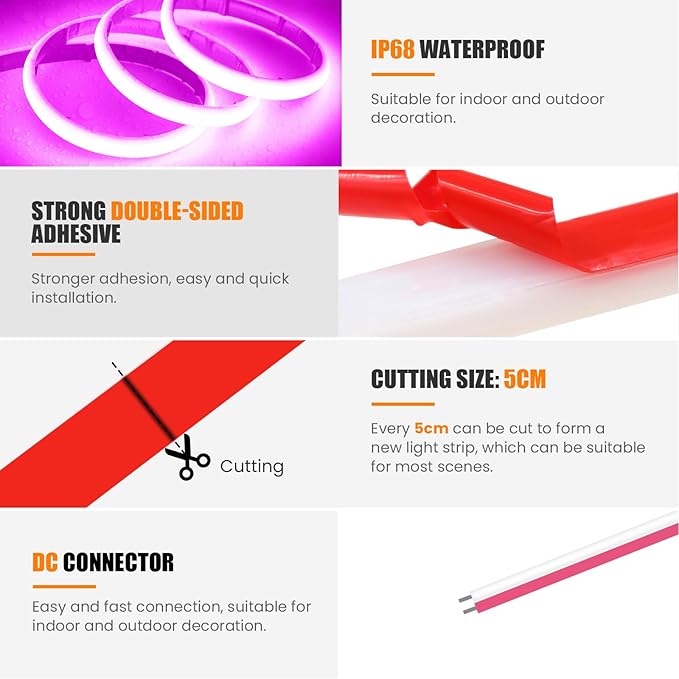 24V COB Neon Strip, 320LEDs/m Ultra-Bright Flexible COB Neon LED Strip, Outdoor Waterproof IP68 Self-Adhesive Tape, Red/White 2-Wire LED Fairy Lights for Patio, Christmas（Violet,6M）