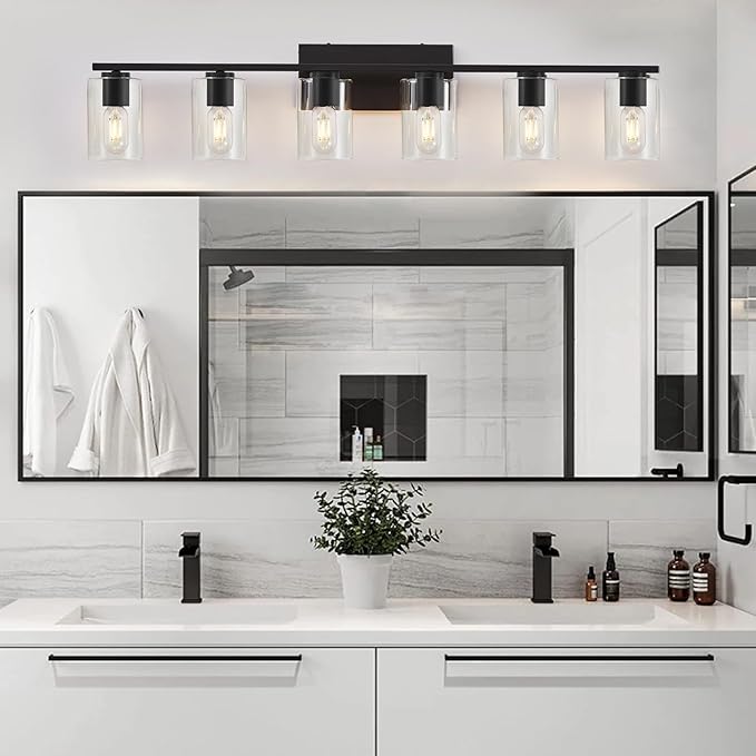 Black Bathroom Vanity Lighting Over Mirror,6 Light Bathroom Vanity Lights with Clear Glass Shade,Metal Vanity Lights for Bathroom,Bedroom,Living Room