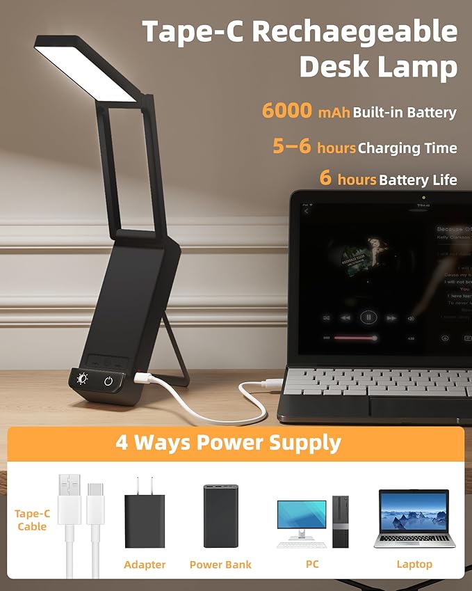 EZVALO LED Rechargeable Desk Lamp, 6000mAh Battery Operated Foldable & Portable Light,90Ra Cordless Table Lamp for Office Home, 3 Color Dimmable Small Desk Lamp Wireless Reading Lamp (Black)