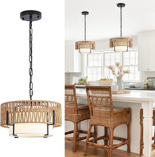 Rattan Pendant Light, 12.6" Boho Chandelier with Fabric Shade, Farmhouse Hanging Light Fixture Chandelier for Dining Room, Living Room, Bedroom, Kitchen Island, Foyer, Hallway