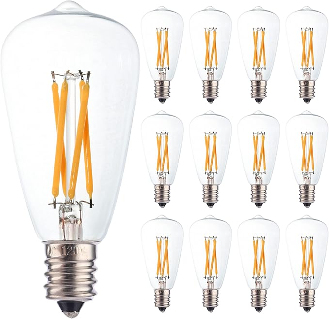 12pcs ST38 Edison Small Bulb 4W Equivalent to 25W-40W E12 Base Vintage Clear Glass LED Warm White 2700K Bulb for Chandelier Fan Candelabra Outdoor ST38 String Lights
