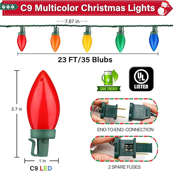 C9 Christmas Lights Outdoor, 23Ft 35LED C9 Vintage Christmas LED Lights C9 Multicolor Bulbs C9 Christmas String Lights Plug in for Outdoor Patio Backyard Indoor Party Tree Christmas Decor Green Wire