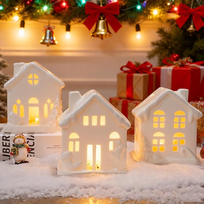 NEROSUN Ceramic Christmas Village Houses, 3Pcs LED Lighted Porcelain White Small House Tabletop Figurines, Light Up Christmas Decorations for Home Shelf Cabinet Table Winter Decor