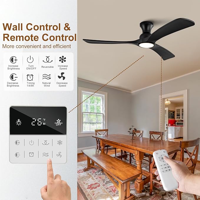 Black Ceiling Fans with Lights Flush Mount,52 inch Solid Wood,Remote Control,Wall Switch,Dimmable,Reversible,Noiseless,Power Off Memory Modern Ceiling Fan Low Profile for Bedroom Indoor/Outdoor