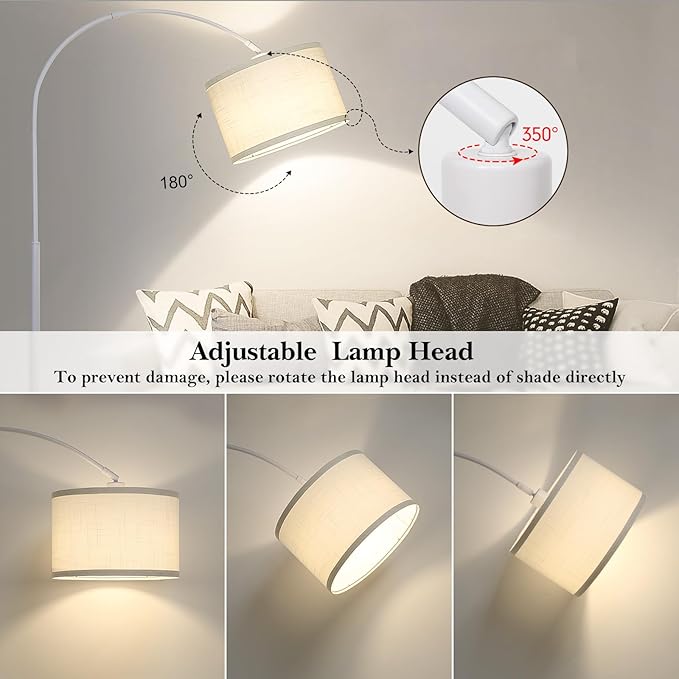 White Arc Floor Lamp, Modern Floor Lamp for Living Room with Adjustable Lamp Head, Tall Pole Standing Lamp with On/Off Pedal Switch, Over Couch Arched Reading Light for Bedroom, Office, Study Room