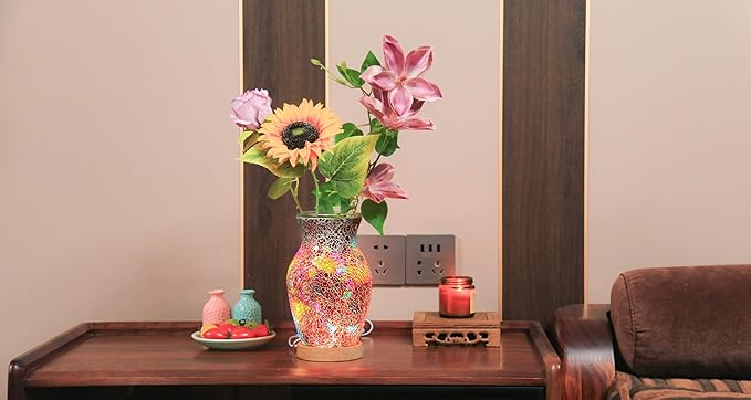 8-Inch Handcrafted Mosaic Cracked-Ice Vase Bedside Lamp with USB-Powered LED Wooden Base,Single-Switch Auto-Cycle RGB Mood Light, Ruby Red Vase USB Night Light for Party,Camping Decor