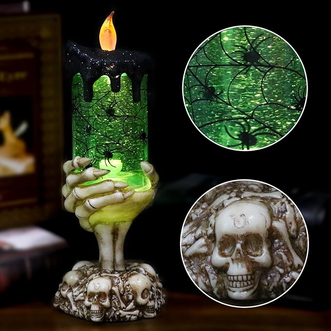 DRomance Halloween Snow Globe Flameless Candle with Timer, Battery Operated Tornado Lamp Skeleton Hand Candle Holder Green Light Glittering Spinning Water Halloween Table Decor(Spider, 4" x 10")