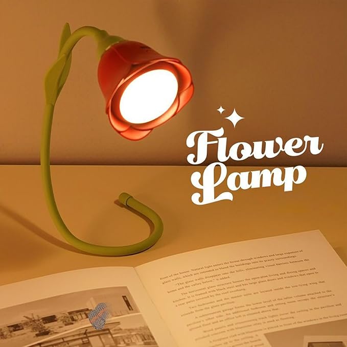 LIYAOLI Cute Cordless Flower Desk Lamp for Girls,Flexible Gooseneck,Rechargeable LED Lamp with USB Charging Port,3 Color Modes & Stepless Dimming, Office Desk Decor