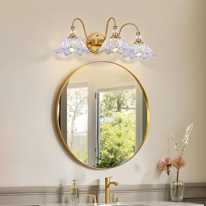 Vintage Bathroom Vanity Light, 3-Light Matte Brass Finish Vanity Light with Flower-Shaped Rainbow Glass Shades, Retro Wall Sconce for Bathroom