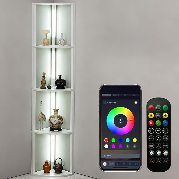 RGBCW Floor Lamp with Shelves, Smart Modern Floor Lamp with Music Sync, Color Changing Corner Display Shelf Lamp, Dimmable Standing Lamp for Living Room and Bedroom, Office, White