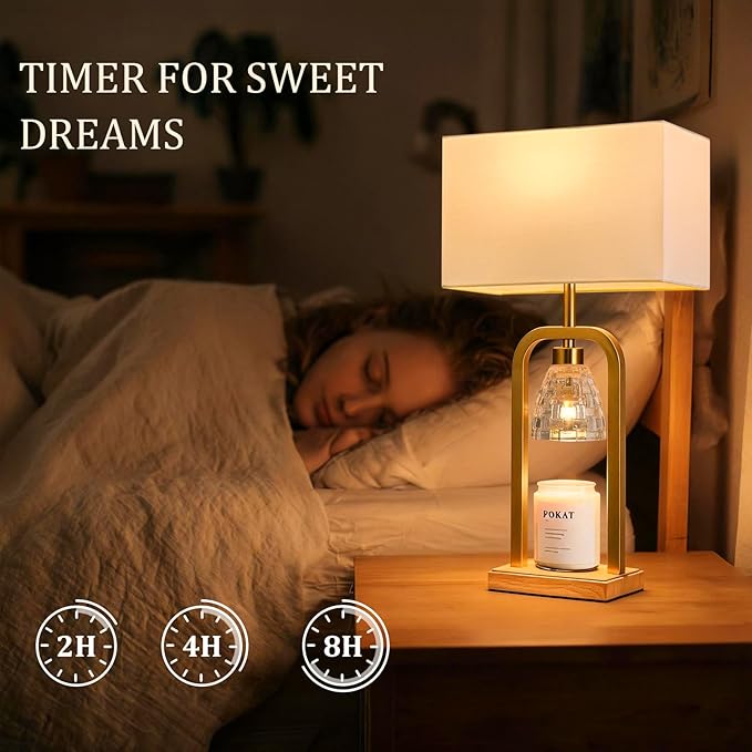 PoKat Electric Candle Warmer Lamp Gold, Lamp Candle Warmer with Timer Dimmer, Wax Light Warming Table Lamp for Jar Candles, Modern Bedside Lamp for House Warming Home Decor Living Room, Bulb Included