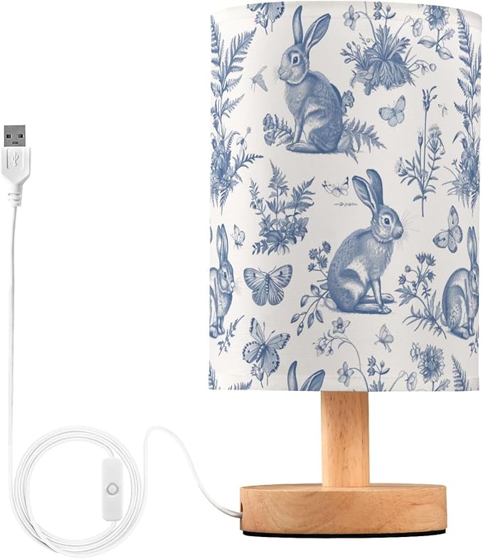 French Rabbits Butterfly Botanical Table Lamp for Bedroom USB Port Lamps Small Accent Table Lamp Nightstand Lamp Study Linen Shade with Wooden Base, Decorative Lamps for Bedside Reading|Kids|Dorm|Home