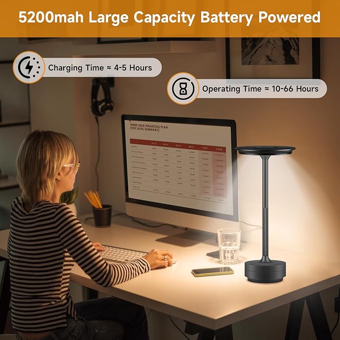 Cordless Rechargeable Table Lamps, Portable Led Ecolume Dining Table Light with Touch Control & 3 Color Dimmable, 5200mAh Battery Powered Vueeze Table Lamp for Outdoor Patio Dinner Restaurant (Black)