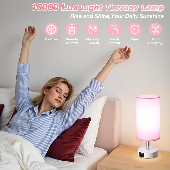 Light Therapy Lamp 10000 Lux, Sun Lamp with Remote, 3 Color Temperature & Stepless Dimming, Happy Sunlight Lamp, Daylight Lamp for Home, Office, Pink Decoration Use As Lift Mood, Happy Life